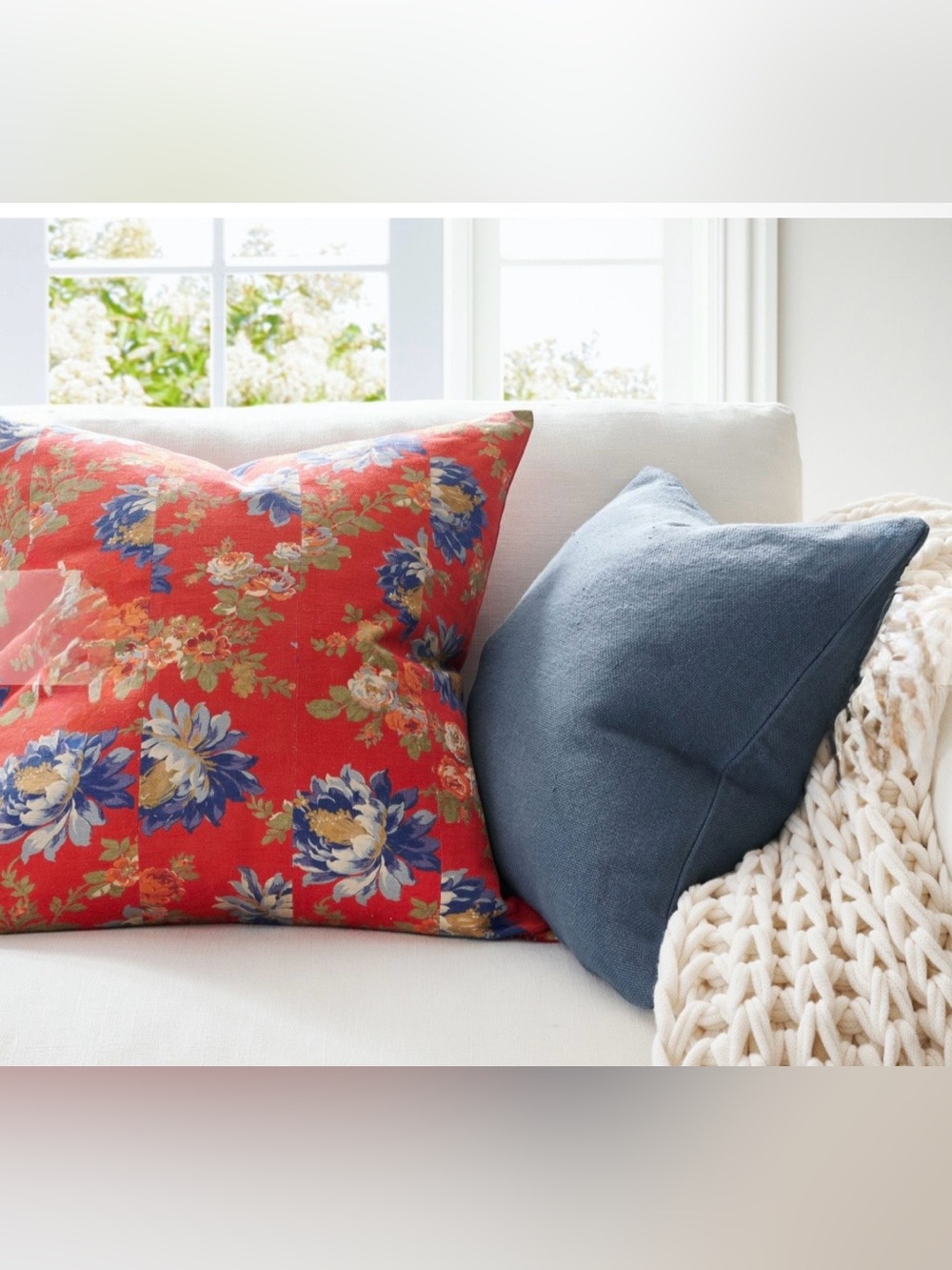 Pottery Barn Eliana Reversible Red Floral Linen Pillow Cover Sham 24x24
